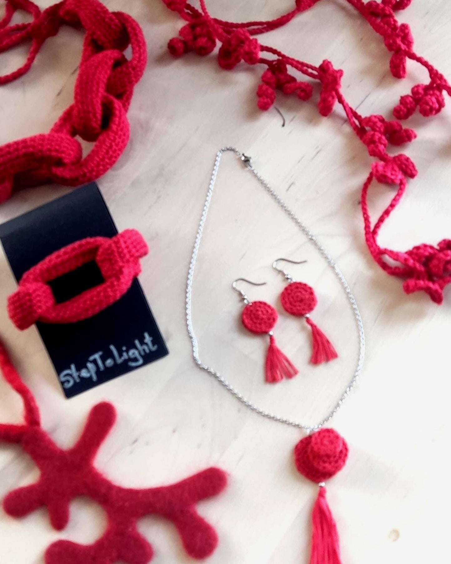 Red Crochet Lariat Necklace - 3-in-1 Convertible | Long, Short & Choker | Handmade Boho Jewelry