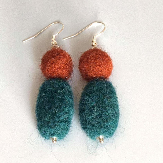 Emerald Green & Rust Brown Felt Dangle Earrings - Handmade Needle Felted Statement Jewelry
