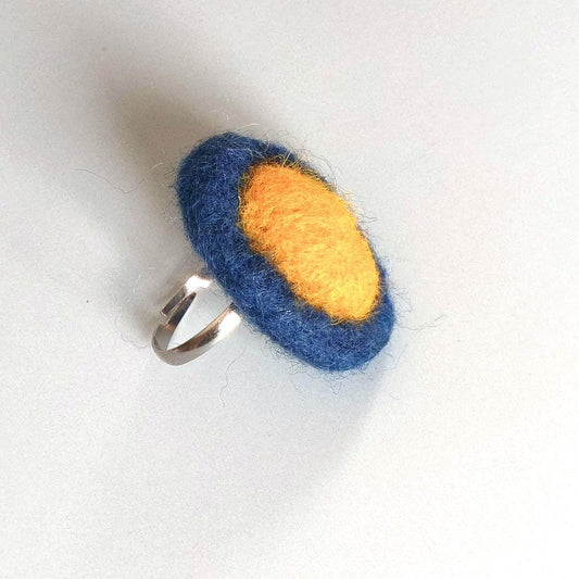 Canary Yellow Navy Blue Felt Ring - Oval Adjustable Statement Ring - Handmade Boho Jewelry - Needle Felted Merino Wool - Gift for Her