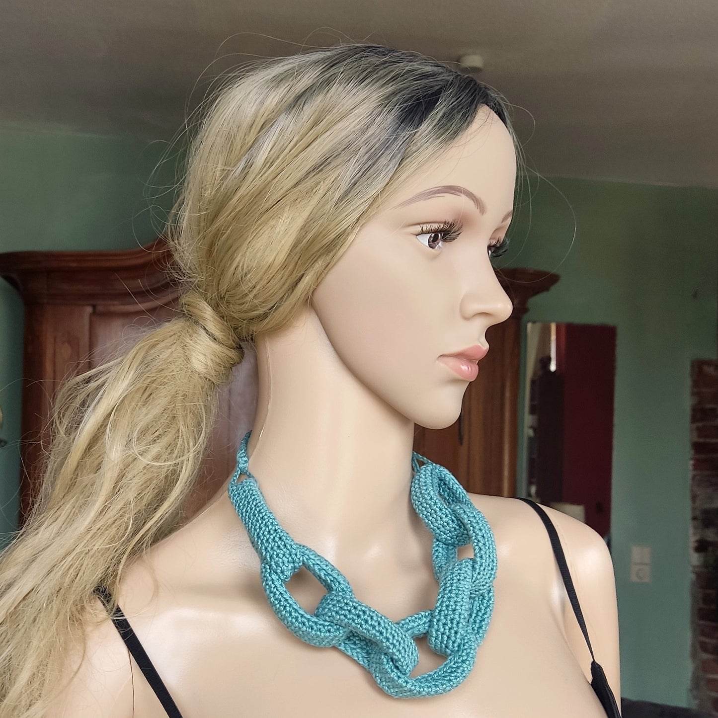 Light Gray Chunky Crochet Yarn Necklace - Handmade Statement Jewelry - StepToLight