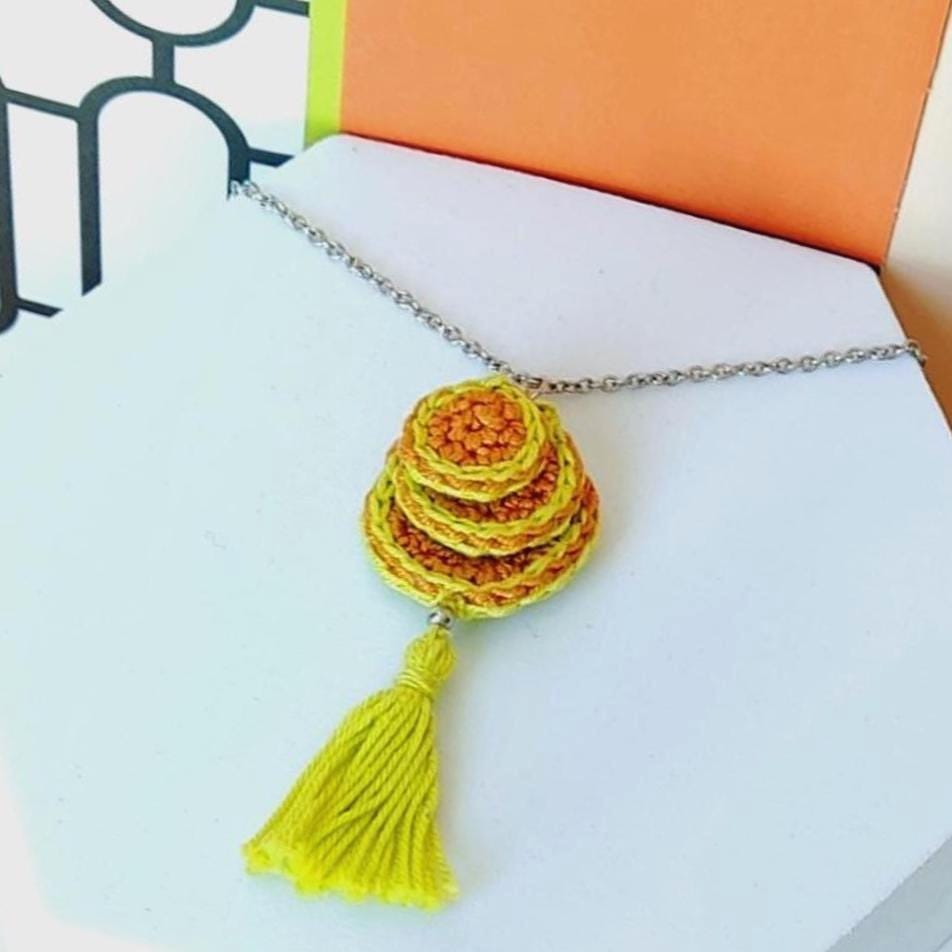 Lime Green & Brown Crochet Pendant Necklace - Handmade Boho Tassel Statement Jewelry - StepToLight