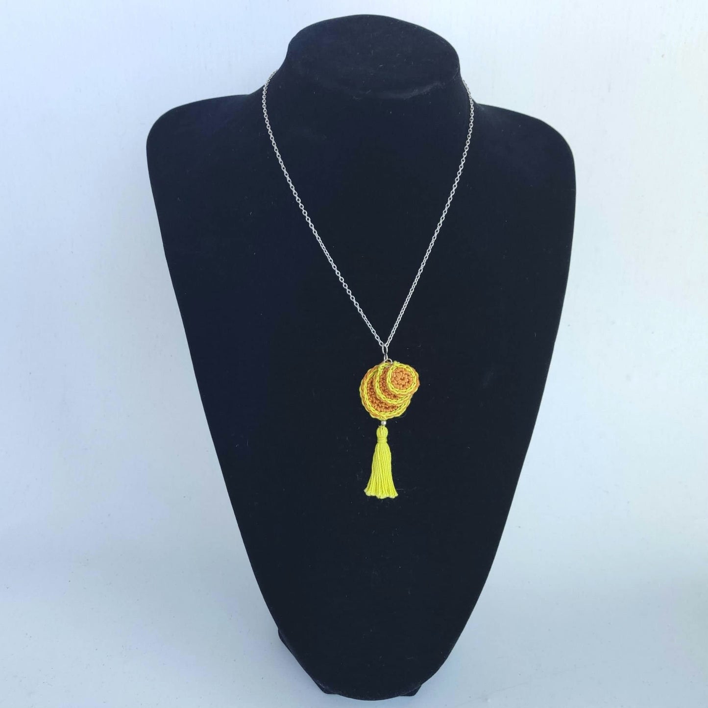 Lime Green & Brown Crochet Pendant Necklace - Handmade Boho Tassel Statement Jewelry - StepToLight