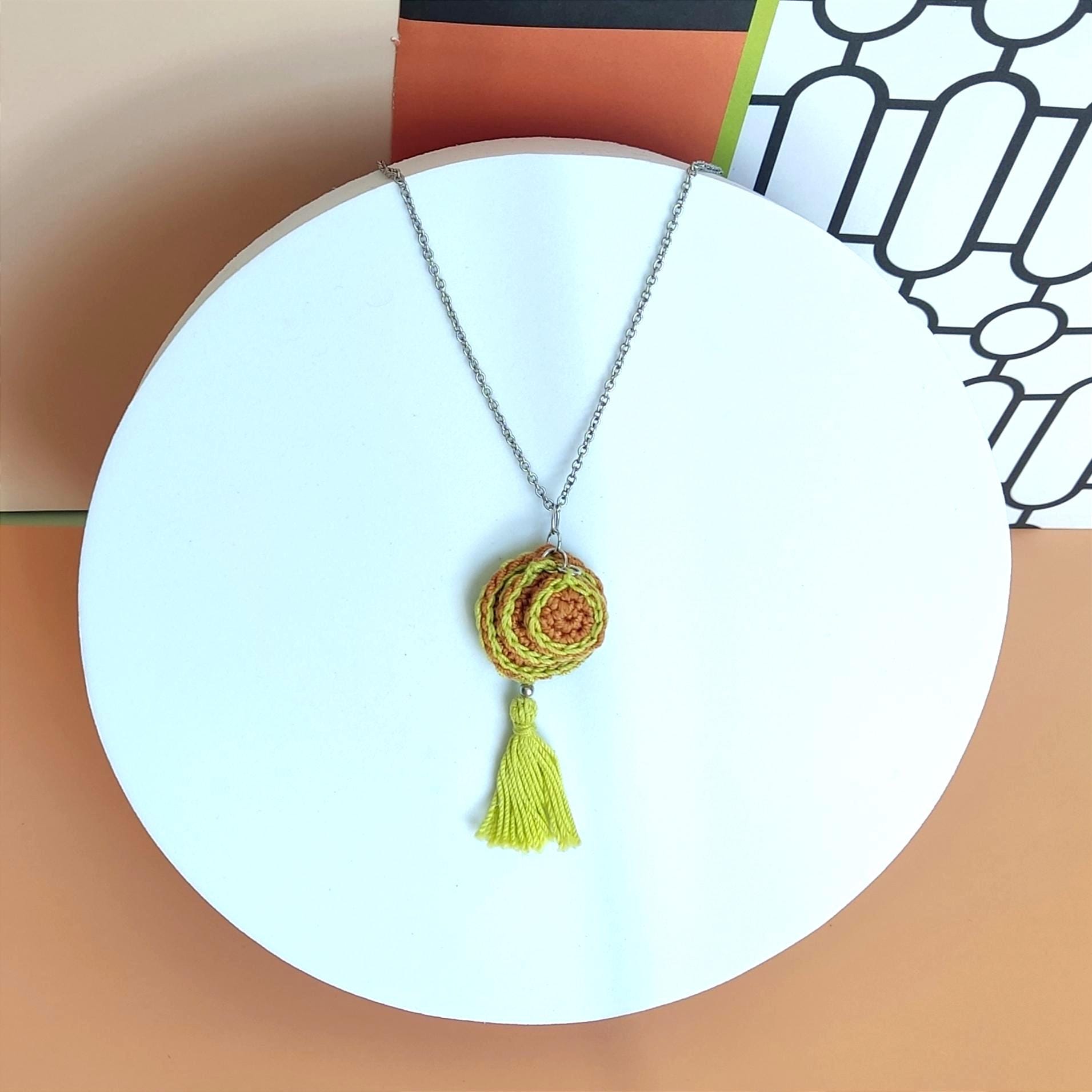 Lime Green & Brown Crochet Pendant Necklace - Handmade Boho Tassel Statement Jewelry - StepToLight