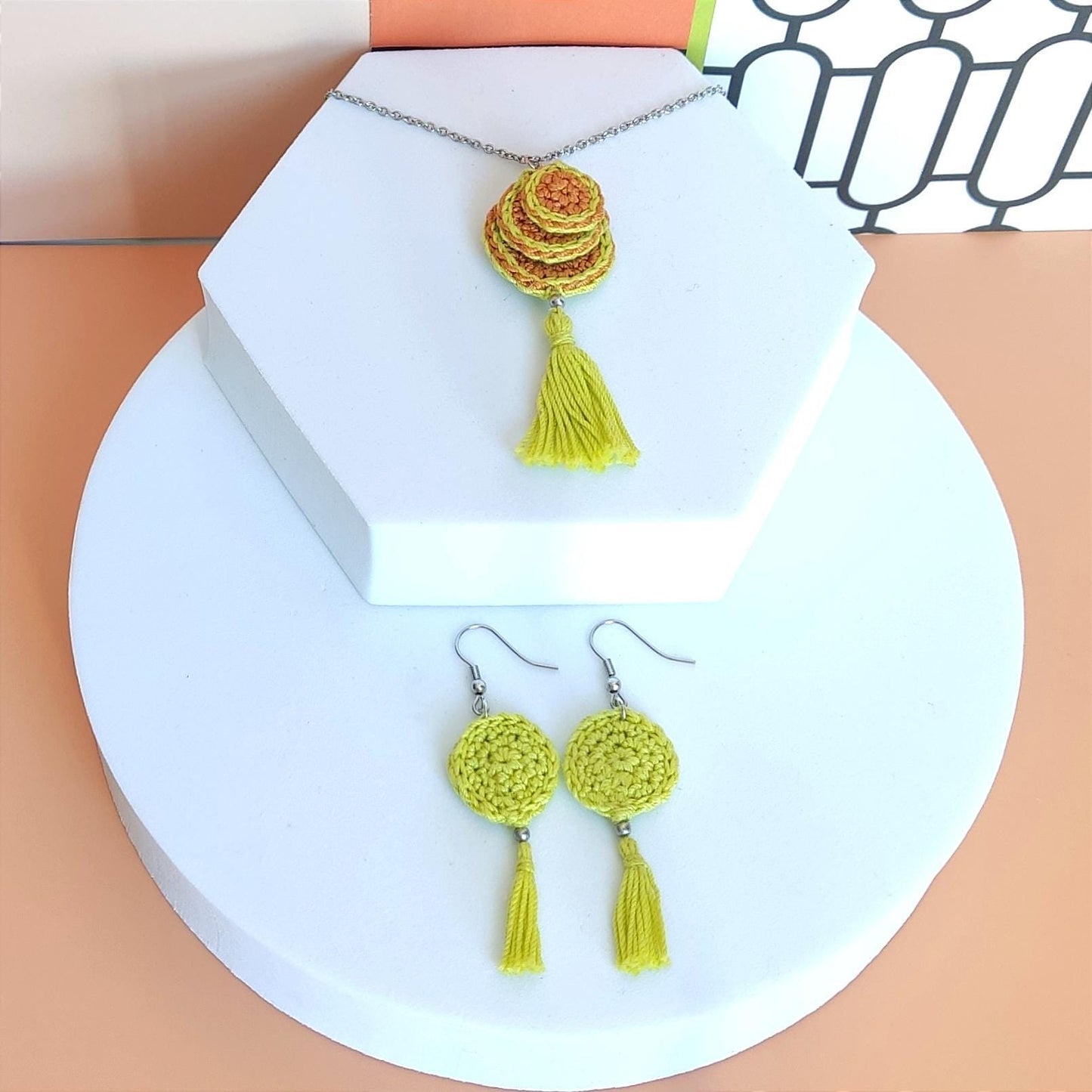 Lime Green & Brown Crochet Pendant Necklace - Handmade Boho Tassel Statement Jewelry - StepToLight
