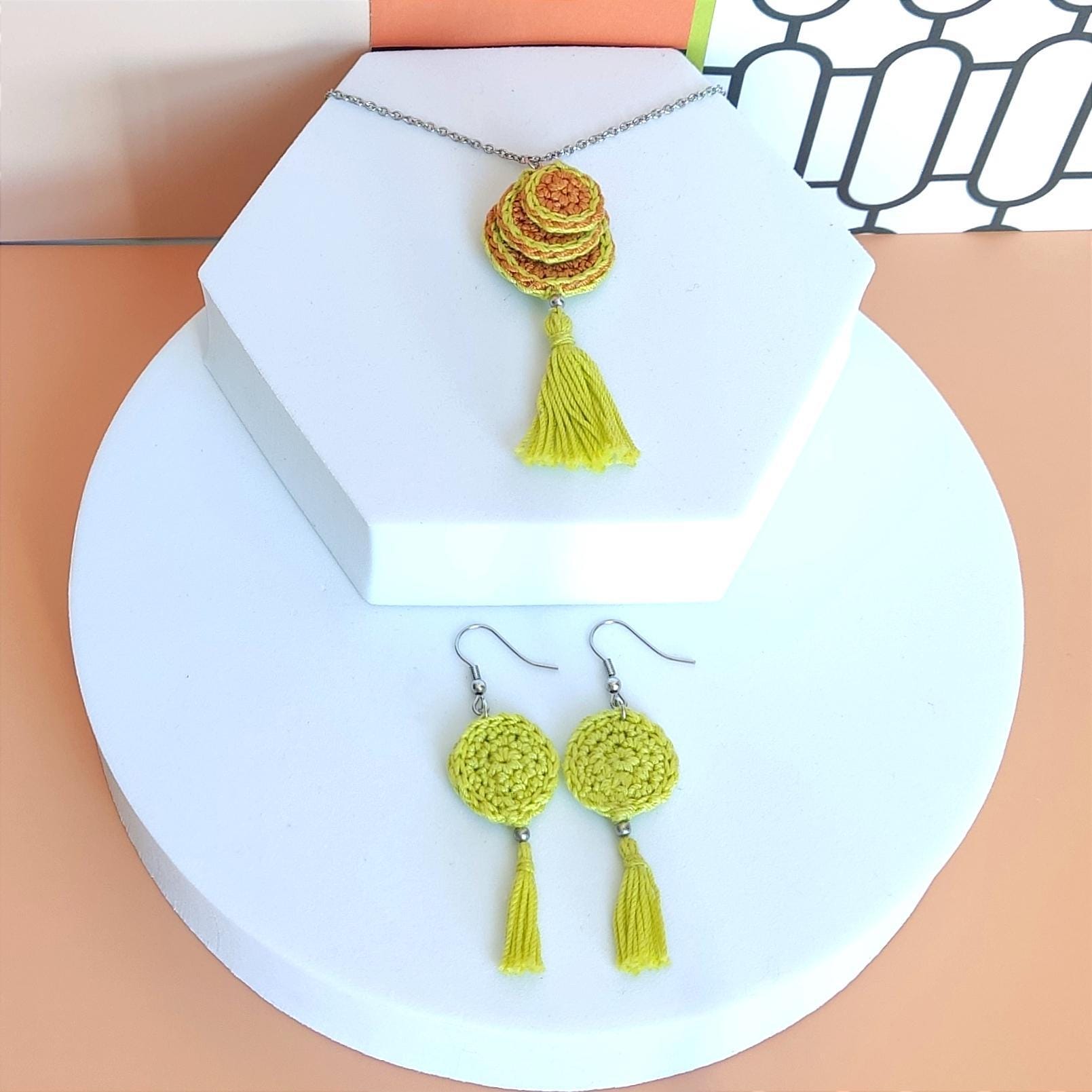 Lime Green & Brown Crochet Pendant Necklace - Handmade Boho Tassel Statement Jewelry - StepToLight