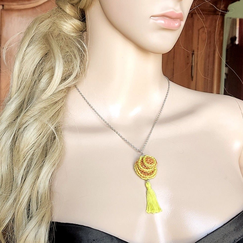 Lime Green & Brown Crochet Pendant Necklace - Handmade Boho Tassel Statement Jewelry - StepToLight
