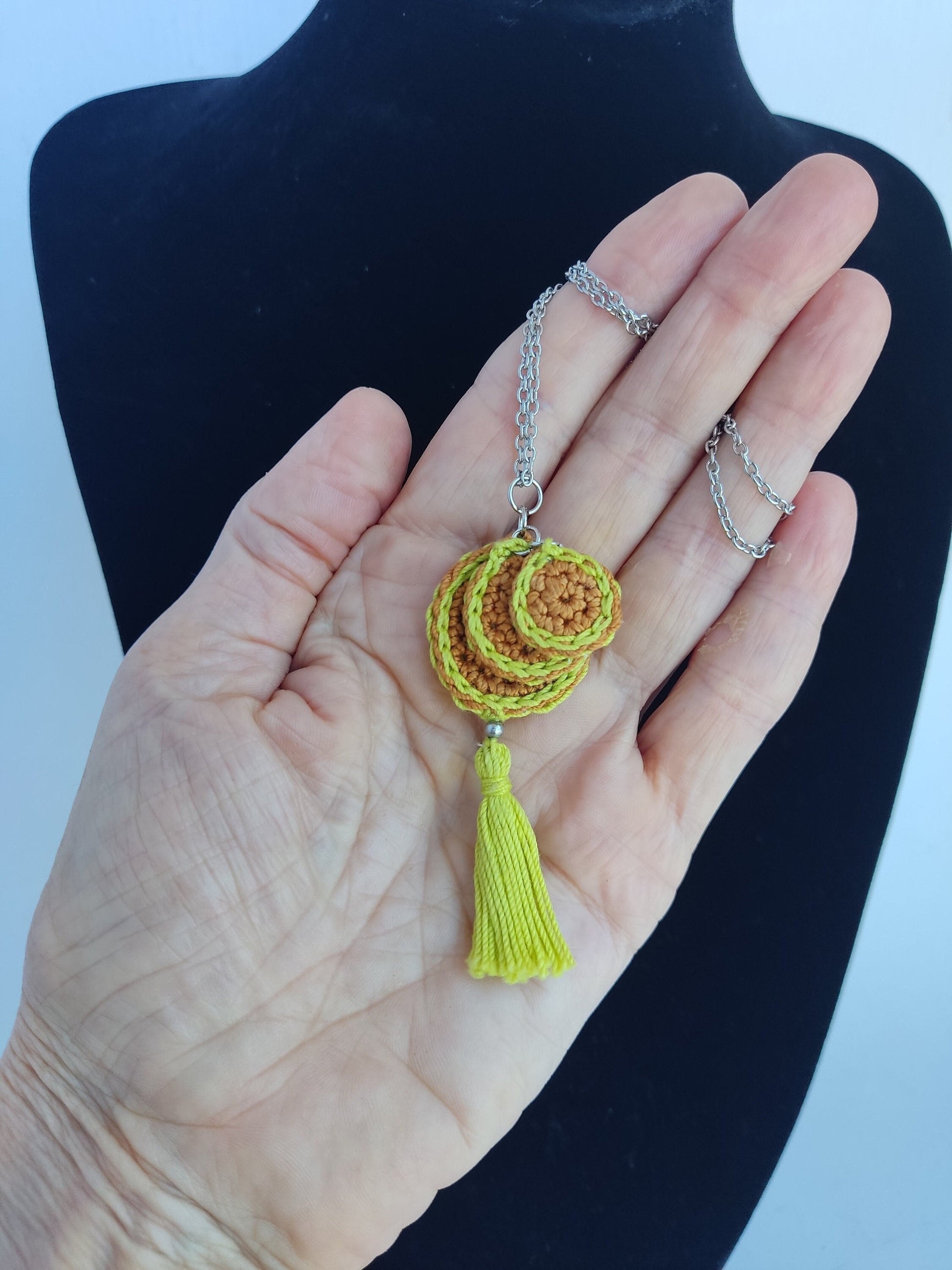 Lime Green & Brown Crochet Pendant Necklace - Handmade Boho Tassel Statement Jewelry - StepToLight