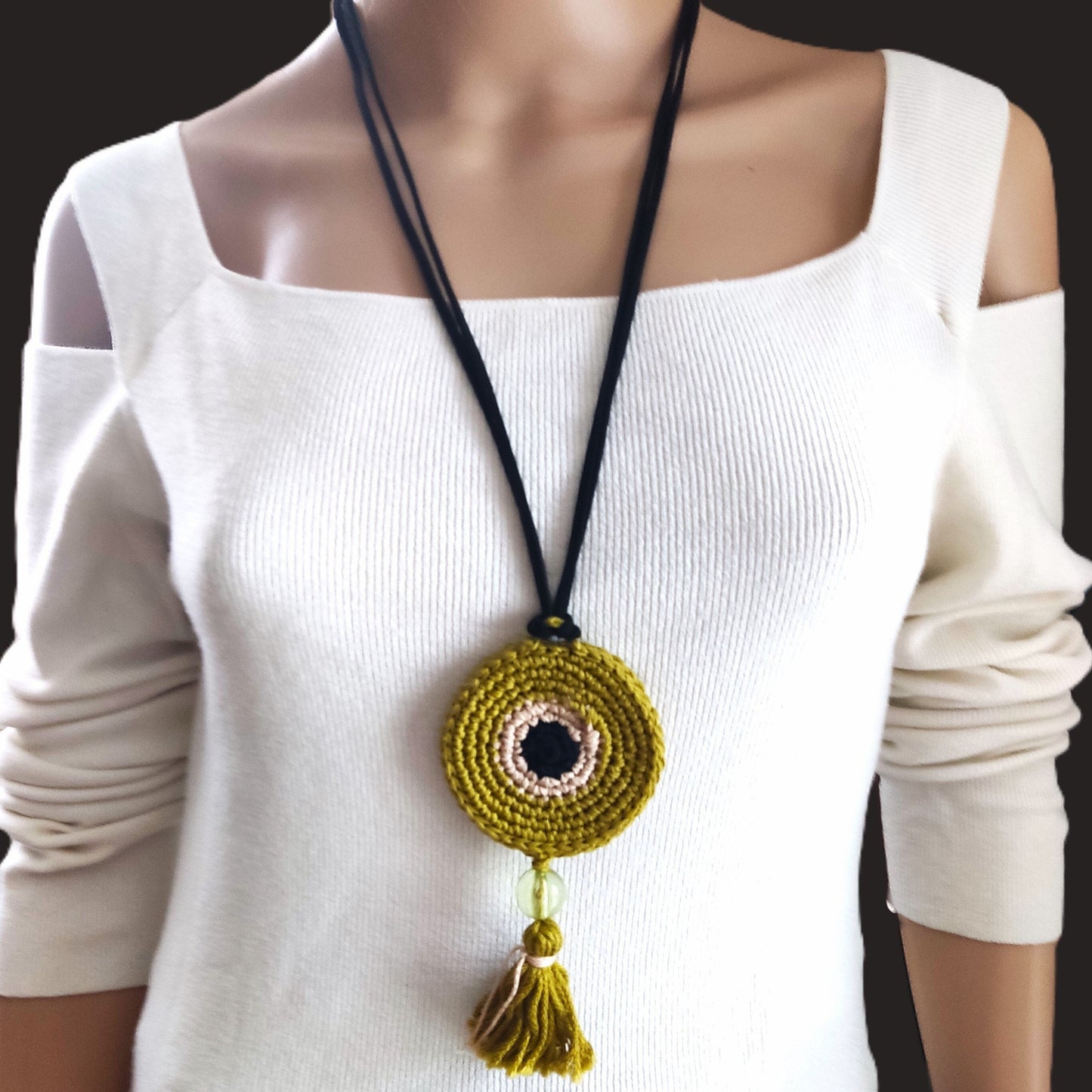 Lime Green Crochet Evil Eye Pendant Necklace - Beaded Tassel Boho Protection Jewelry - StepToLight