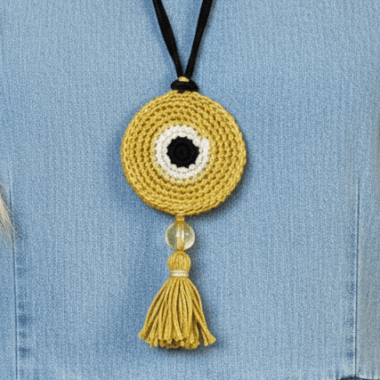 Lime Green Crochet Evil Eye Pendant Necklace - Beaded Tassel Boho Protection Jewelry - StepToLight