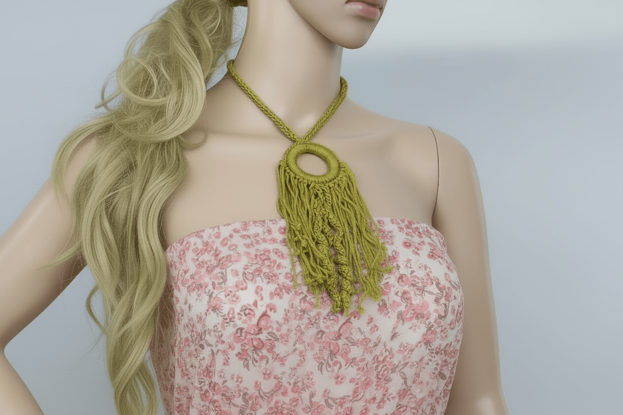 Lime Green Crochet Fringe Pendant Necklace - Handmade Boho Statement Jewelry - StepToLight