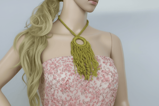 Lime Green Crochet Fringe Pendant Necklace - Handmade Boho Statement Jewelry - StepToLight