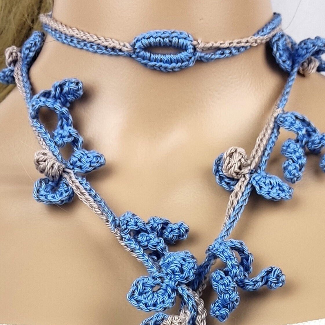 Long Crochet Flower Lariat Necklace - Denim Blue Cotton Scarf Necklace Boho - StepToLight