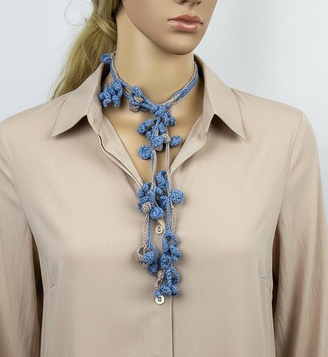 Long Crochet Flower Lariat Necklace - Denim Blue Cotton Scarf Necklace Boho - StepToLight
