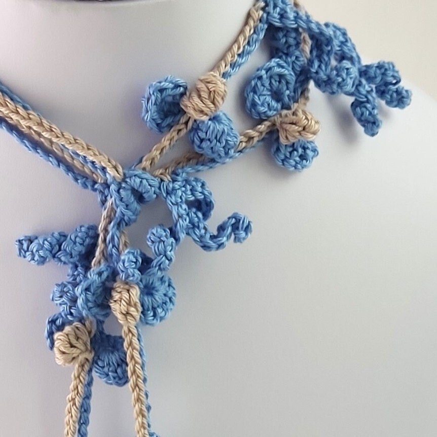 Long Crochet Flower Lariat Necklace - Denim Blue Cotton Scarf Necklace Boho - StepToLight