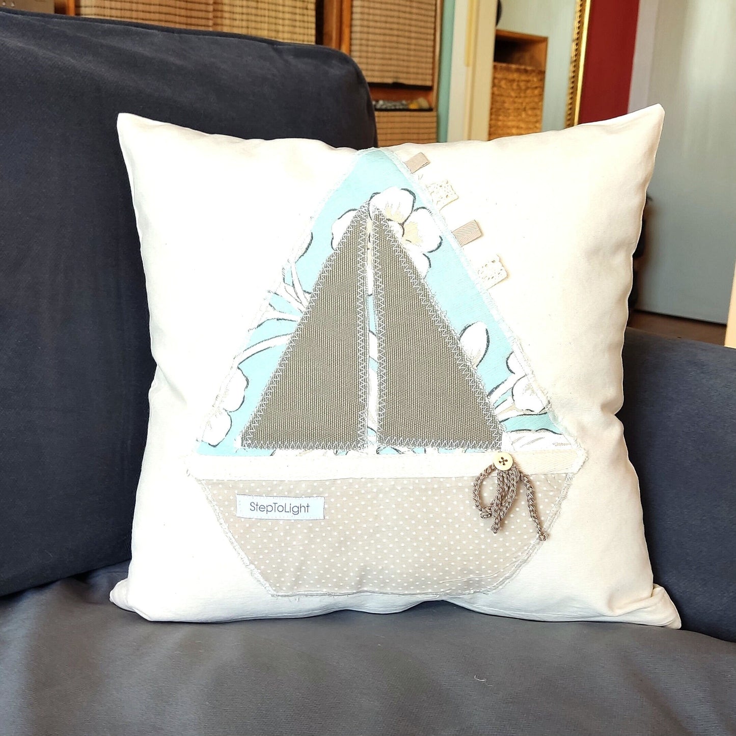 Nautical Pillow Cover Set - Handmade Patchwork Sailing Boat Coastal Decor - StepToLight