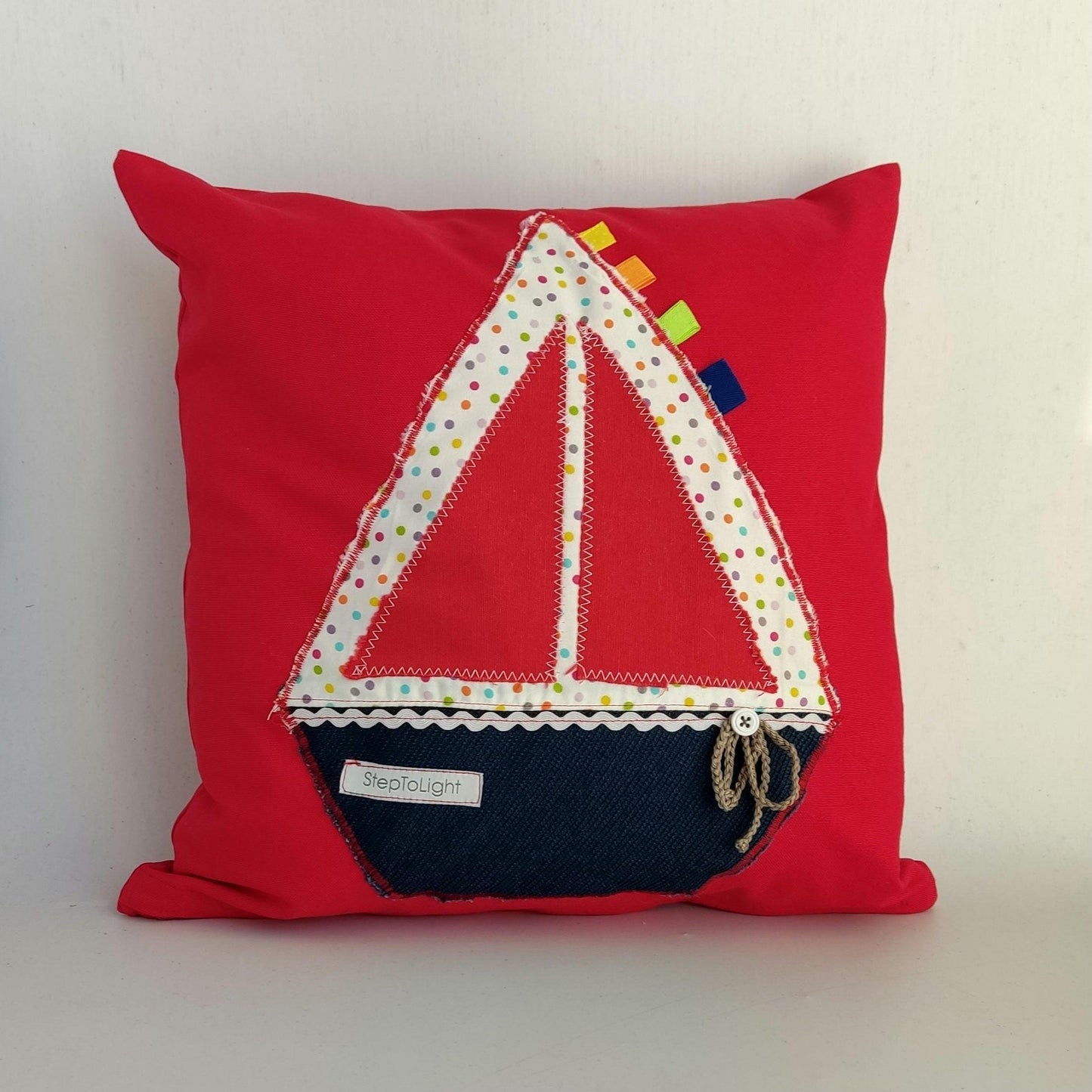 Nautical Pillow Cover Set - Red White Patchwork Sailing Boat Decor - StepToLight