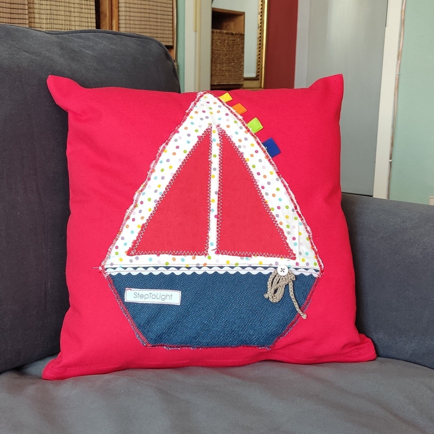 Nautical Pillow Cover Set - Red White Patchwork Sailing Boat Decor - StepToLight