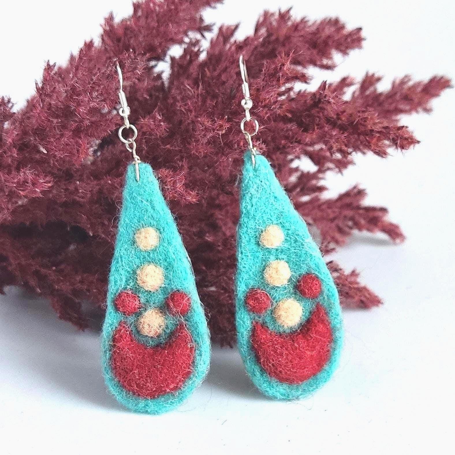 Needle Felted Earrings: Boho Teardrop Merino Wool, Silver Hooks - StepToLight