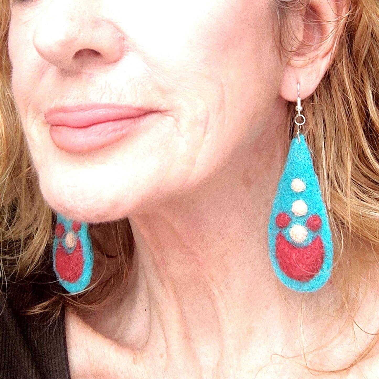 Needle Felted Earrings: Boho Teardrop Merino Wool, Silver Hooks - StepToLight