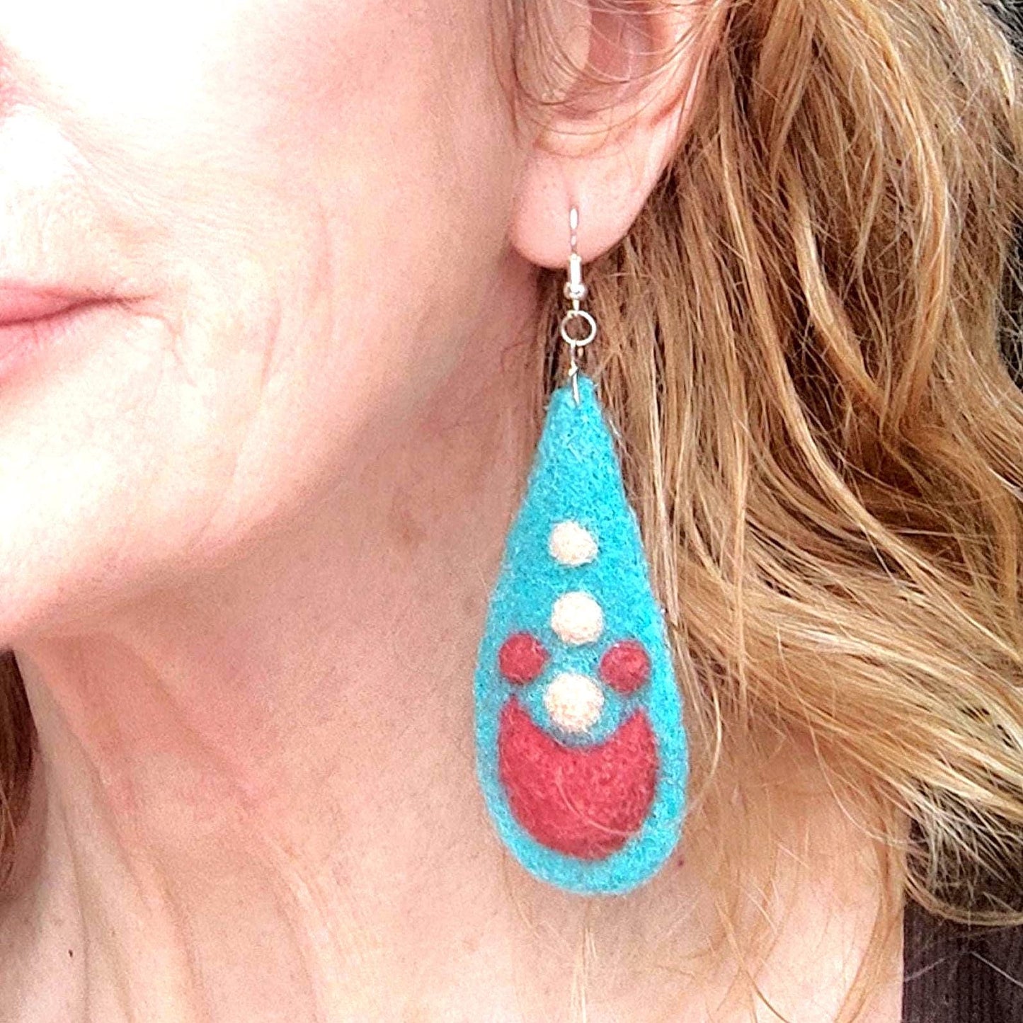 Needle Felted Earrings: Boho Teardrop Merino Wool, Silver Hooks - StepToLight