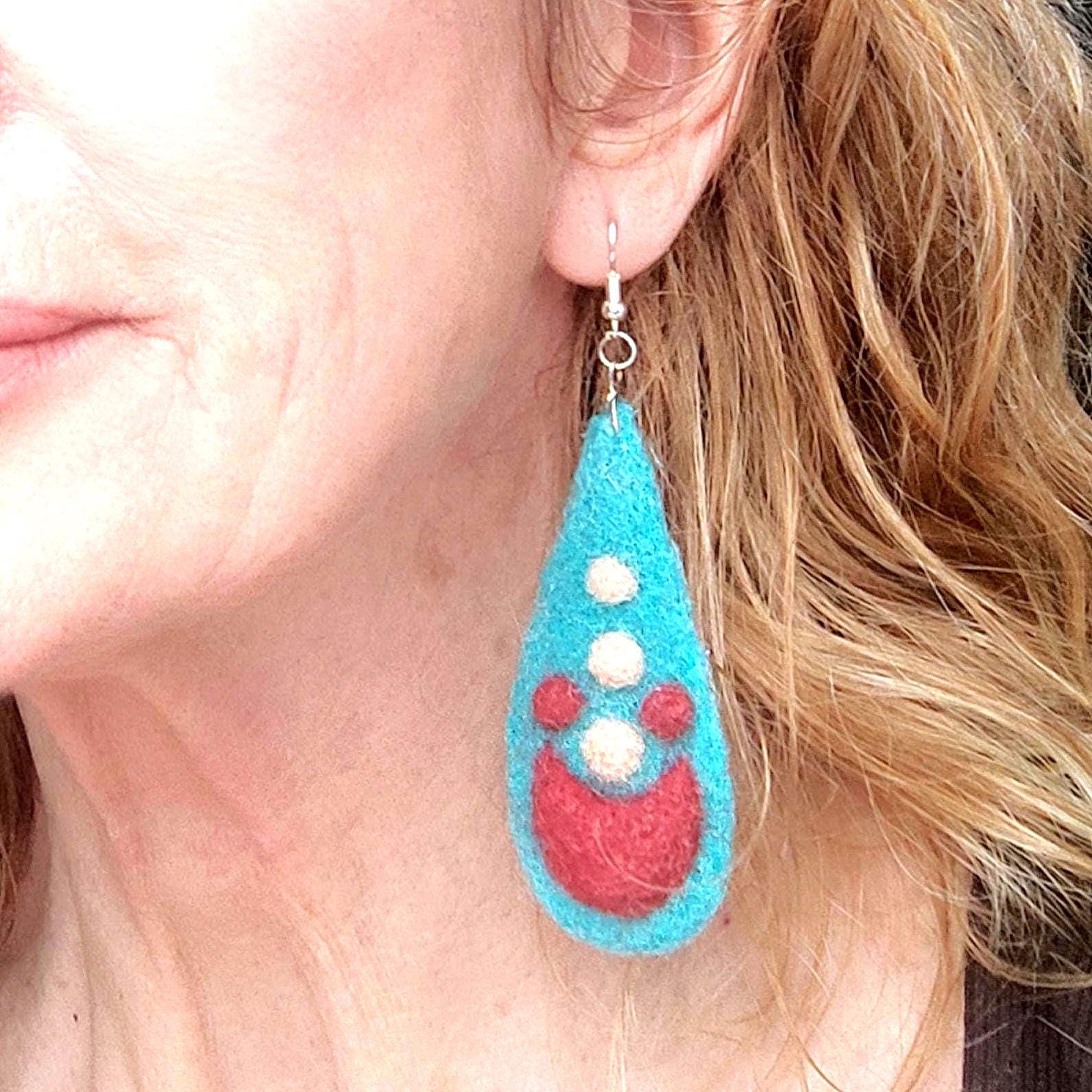 Needle Felted Earrings: Boho Teardrop Merino Wool, Silver Hooks - StepToLight