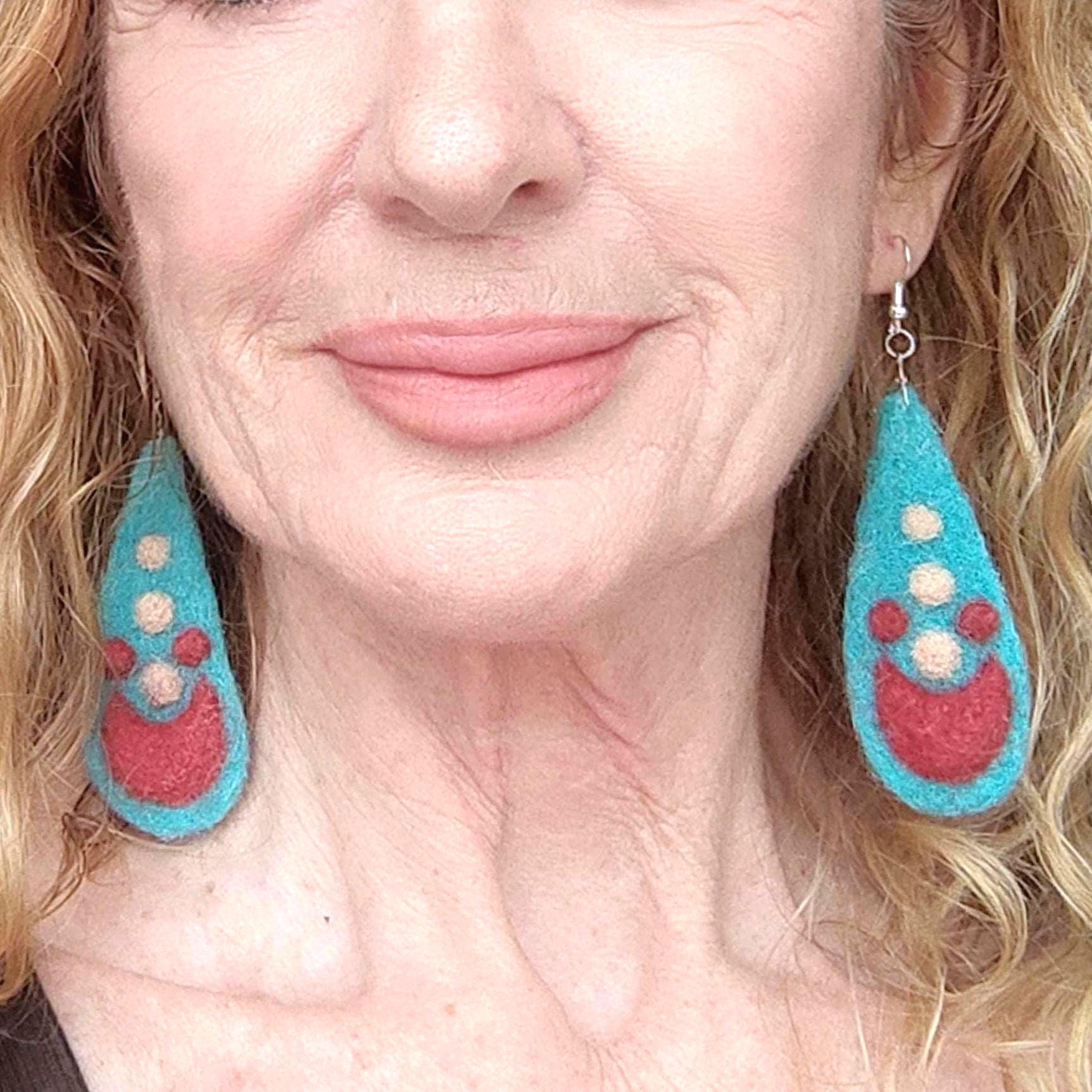 Needle Felted Earrings: Boho Teardrop Merino Wool, Silver Hooks - StepToLight