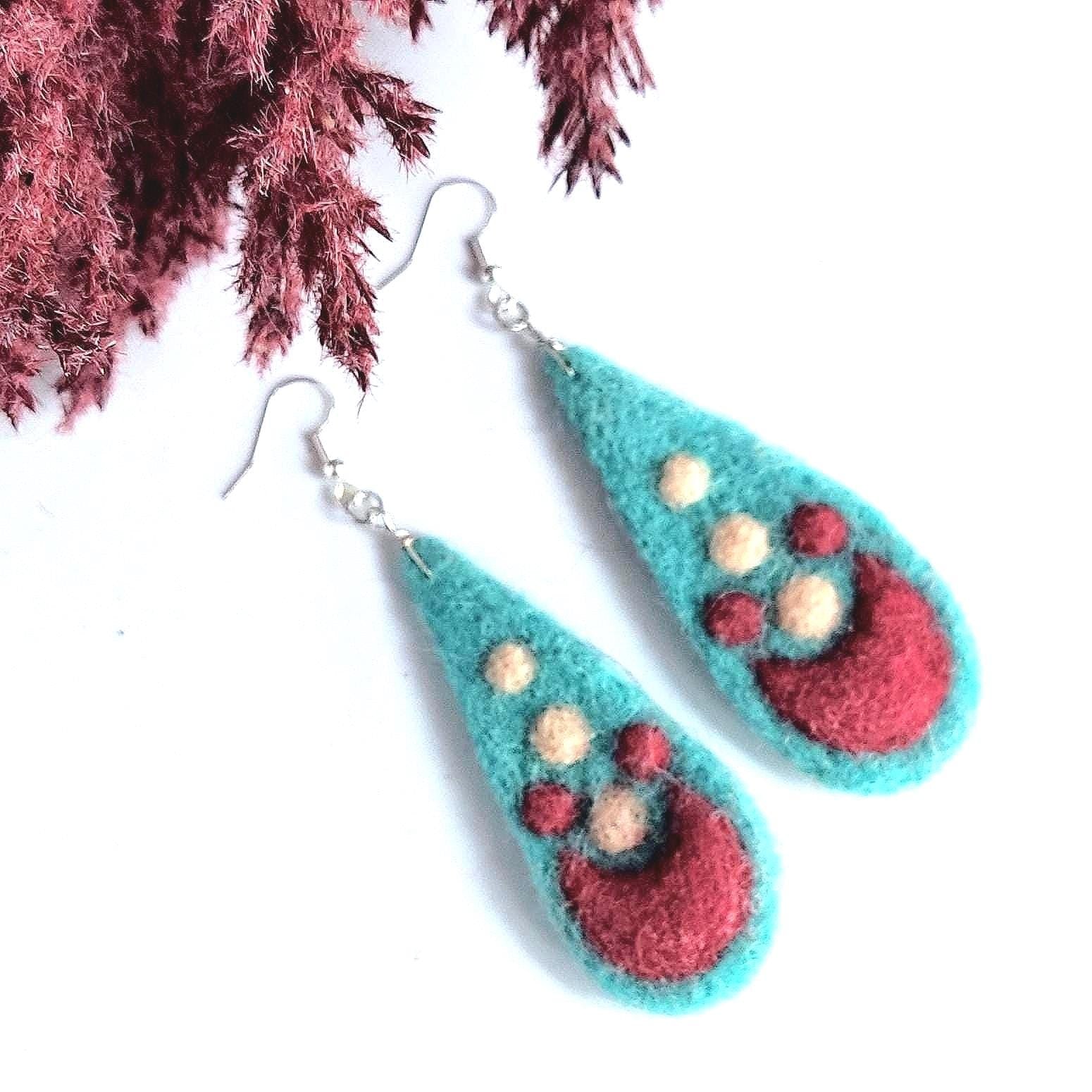Needle Felted Earrings: Boho Teardrop Merino Wool, Silver Hooks - StepToLight