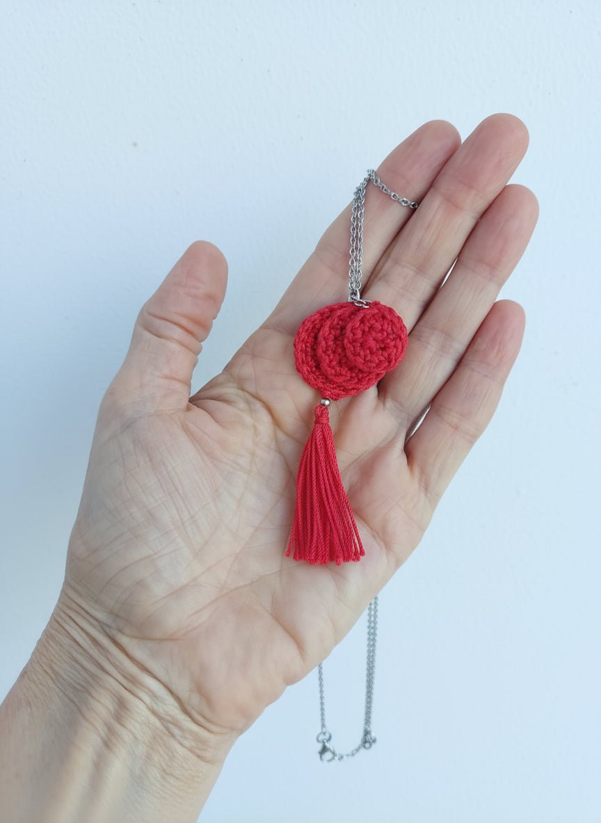 Neon Green Crochet Pendant Necklace - Handmade Boho Tassel Statement Jewelry - StepToLight