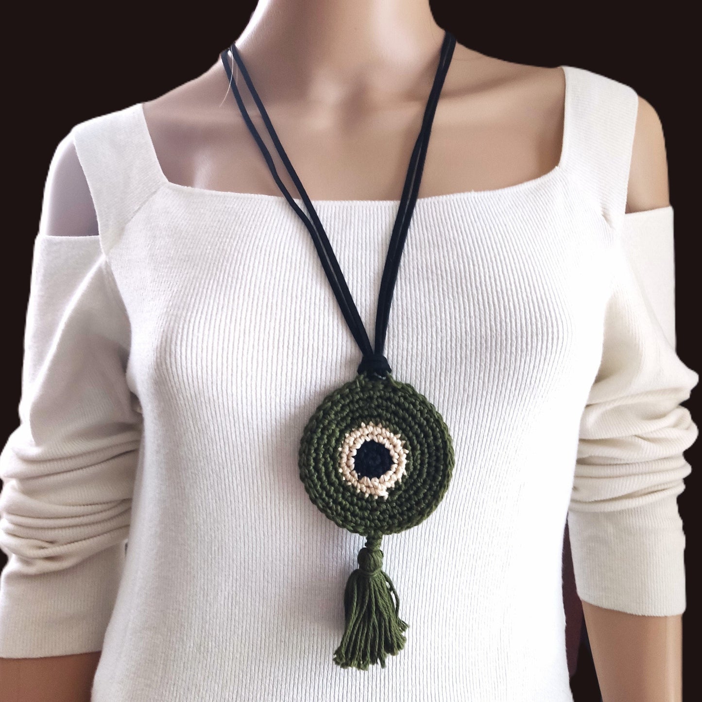 Olive Green Crochet Evil Eye Pendant Necklace - Beaded Tassel Boho Protection Jewelry - StepToLight