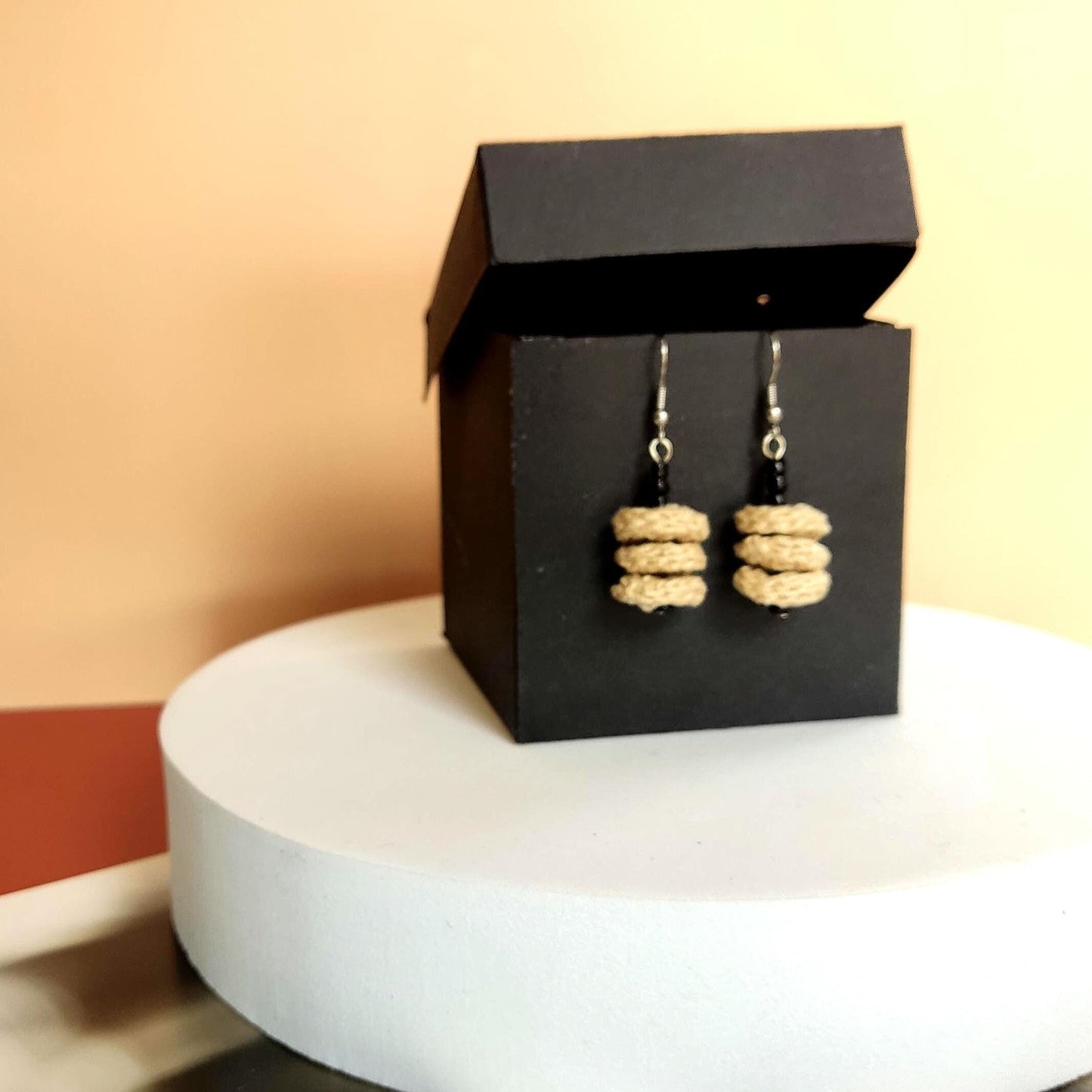 Orange & Beige Crochet Dangle Earrings with Orange Beads - Tiered Circle Drop - StepToLight