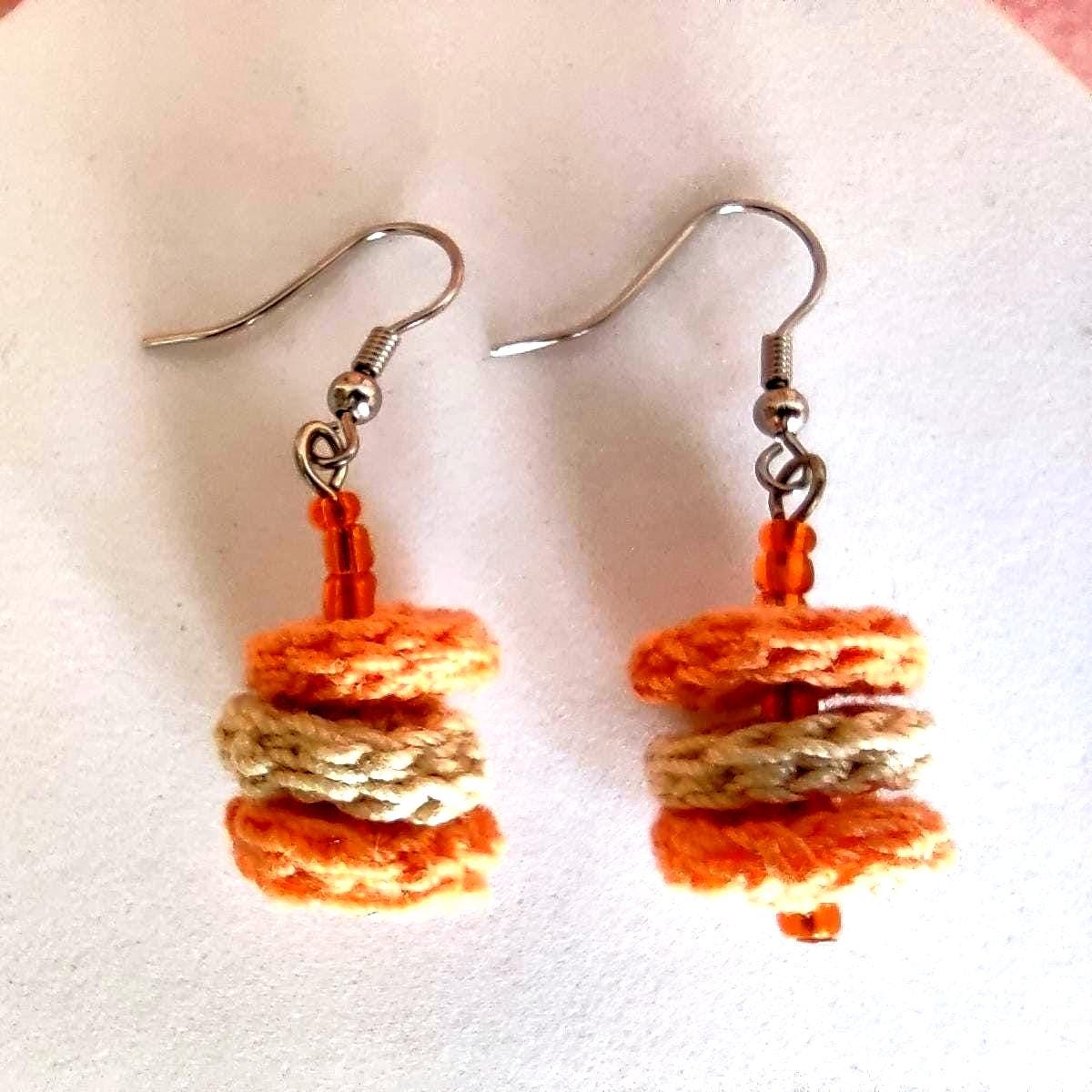 Orange & Beige Crochet Dangle Earrings with Orange Beads - Tiered Circle Drop - StepToLight