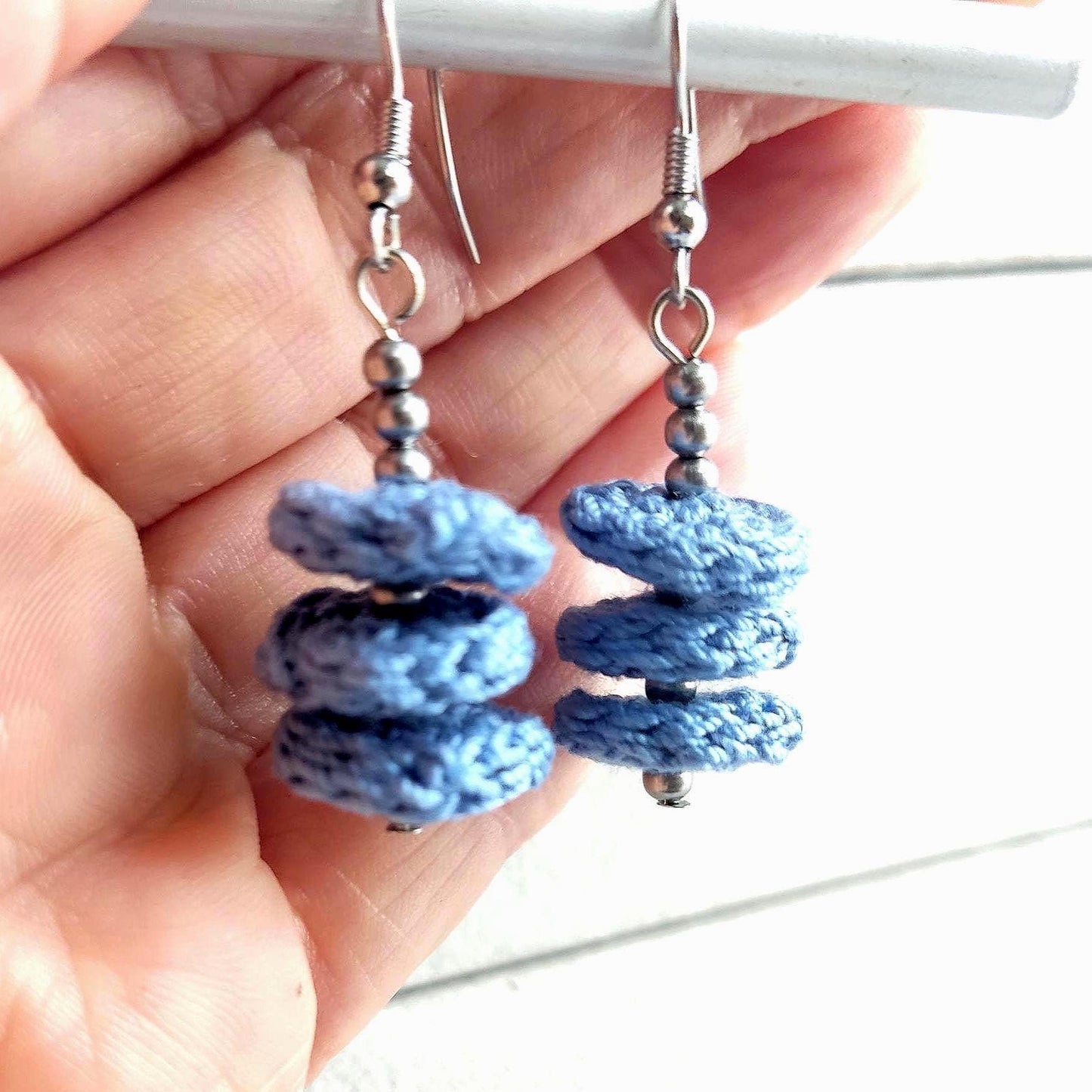 Orange & Beige Crochet Dangle Earrings with Orange Beads - Tiered Circle Drop - StepToLight