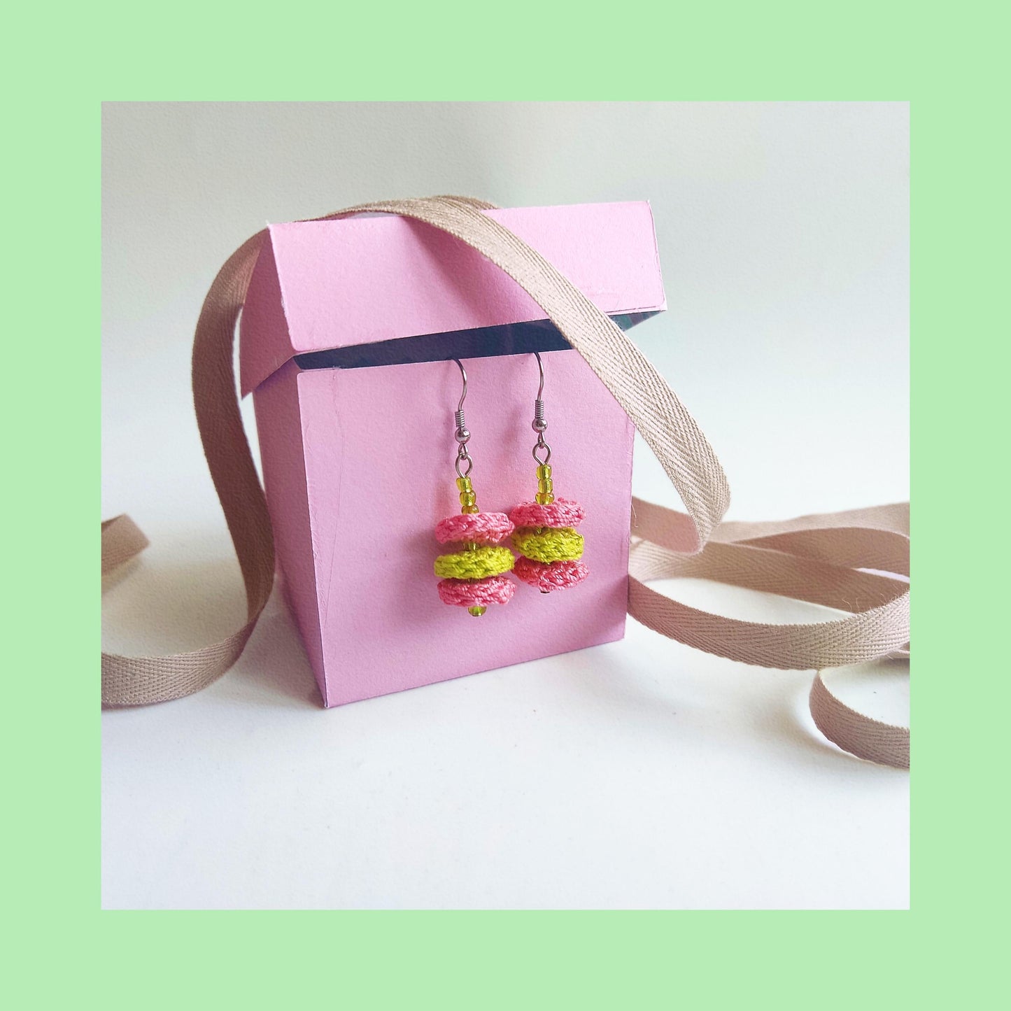 Orange & Beige Crochet Dangle Earrings with Orange Beads - Tiered Circle Drop - StepToLight