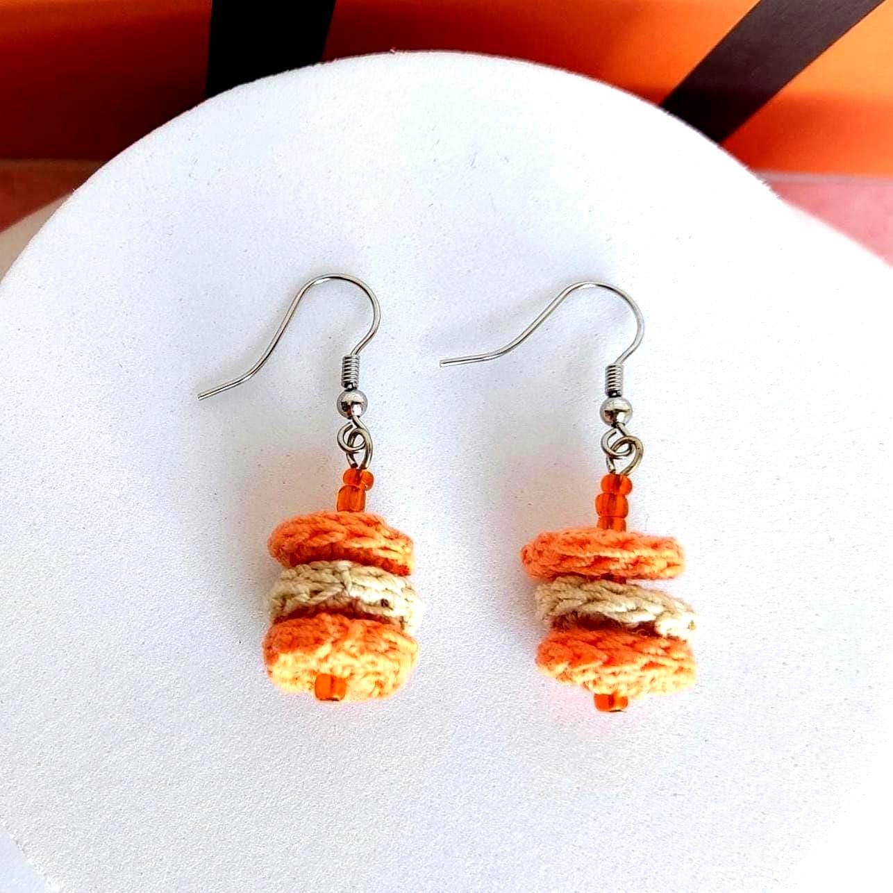 Orange & Beige Crochet Dangle Earrings with Orange Beads - Tiered Circle Drop - StepToLight