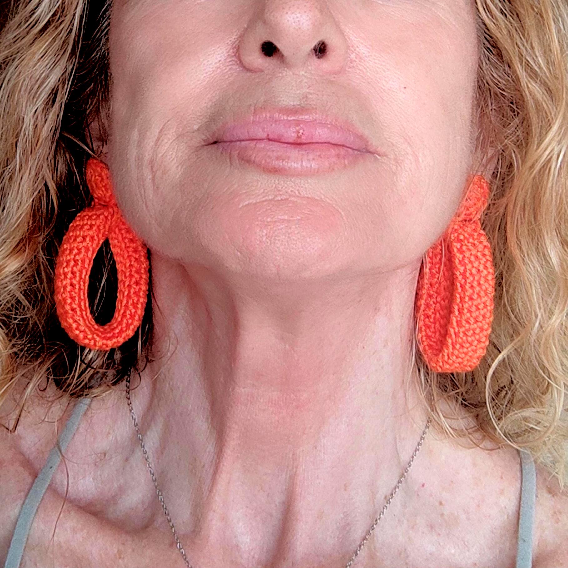 Orange Crochet Hoop Earrings: Cotton Yarn, Gold Plated Studs - StepToLight