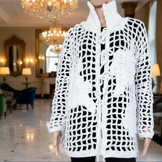 Oversized Crochet Cardigan with Flowers: Elegant White Wool Top for Women - StepToLight