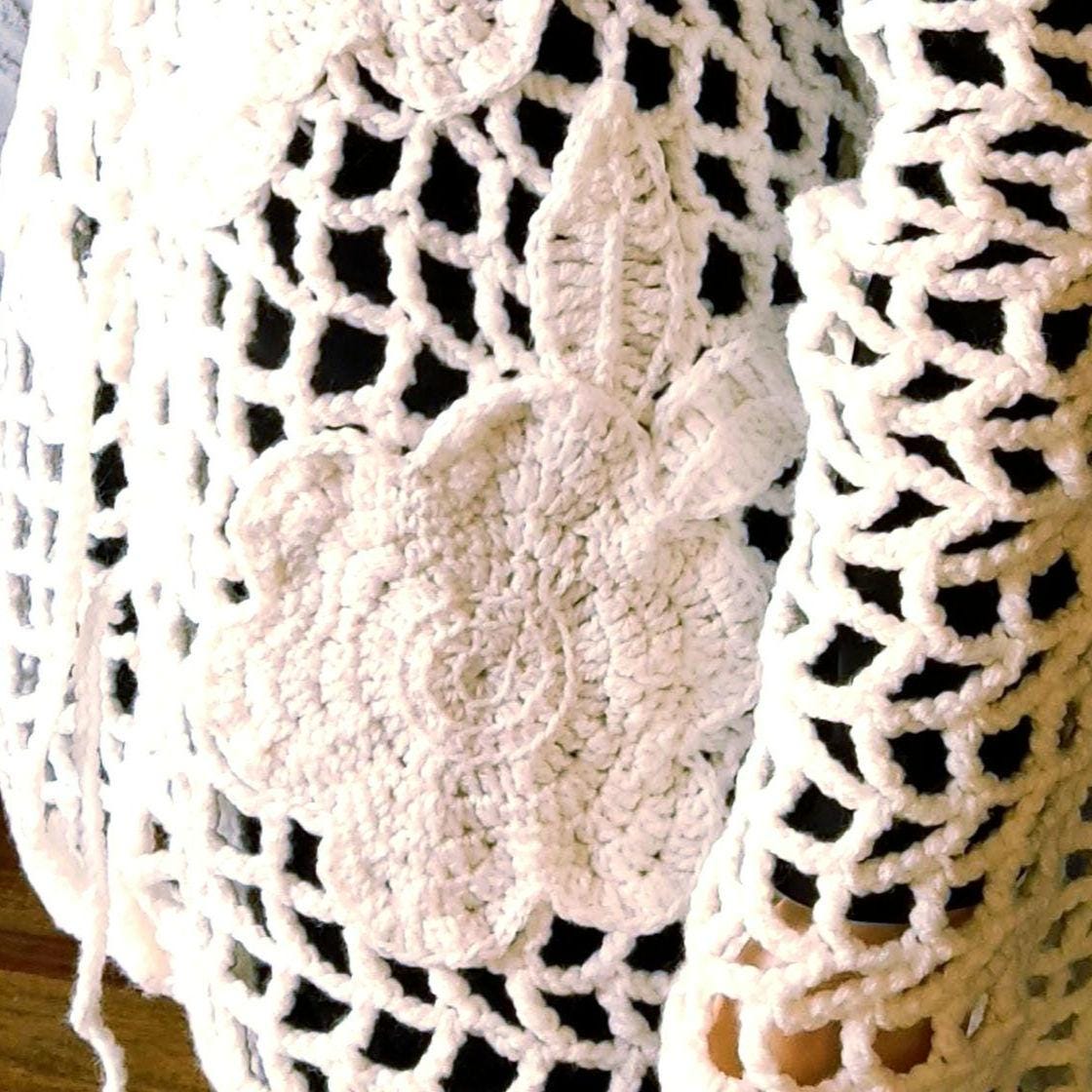 Oversized Crochet Cardigan with Flowers: Elegant White Wool Top for Women - StepToLight