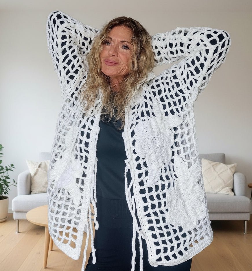 Oversized Crochet Cardigan with Flowers: Elegant White Wool Top for Women - StepToLight