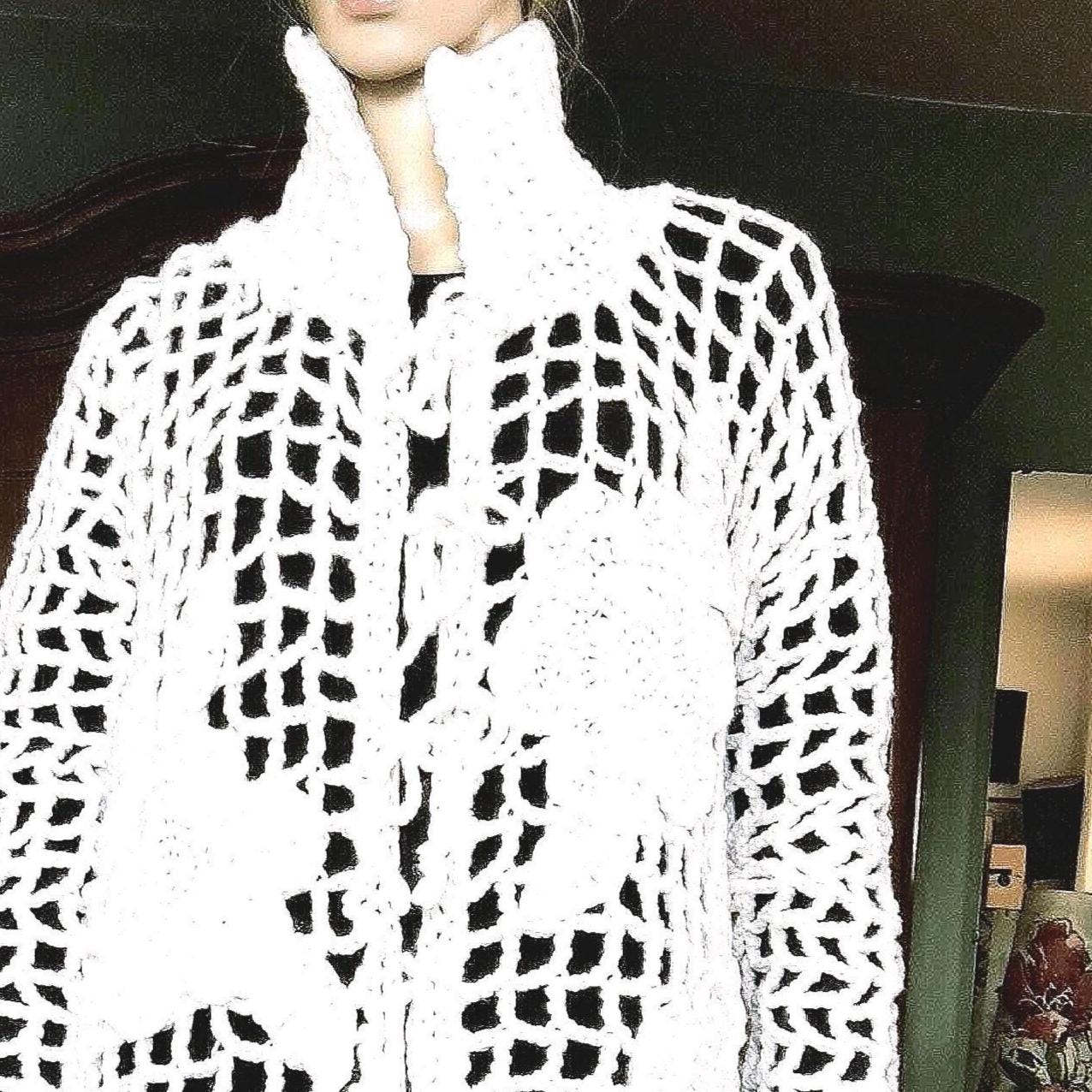 Oversized Crochet Cardigan with Flowers: Elegant White Wool Top for Women - StepToLight