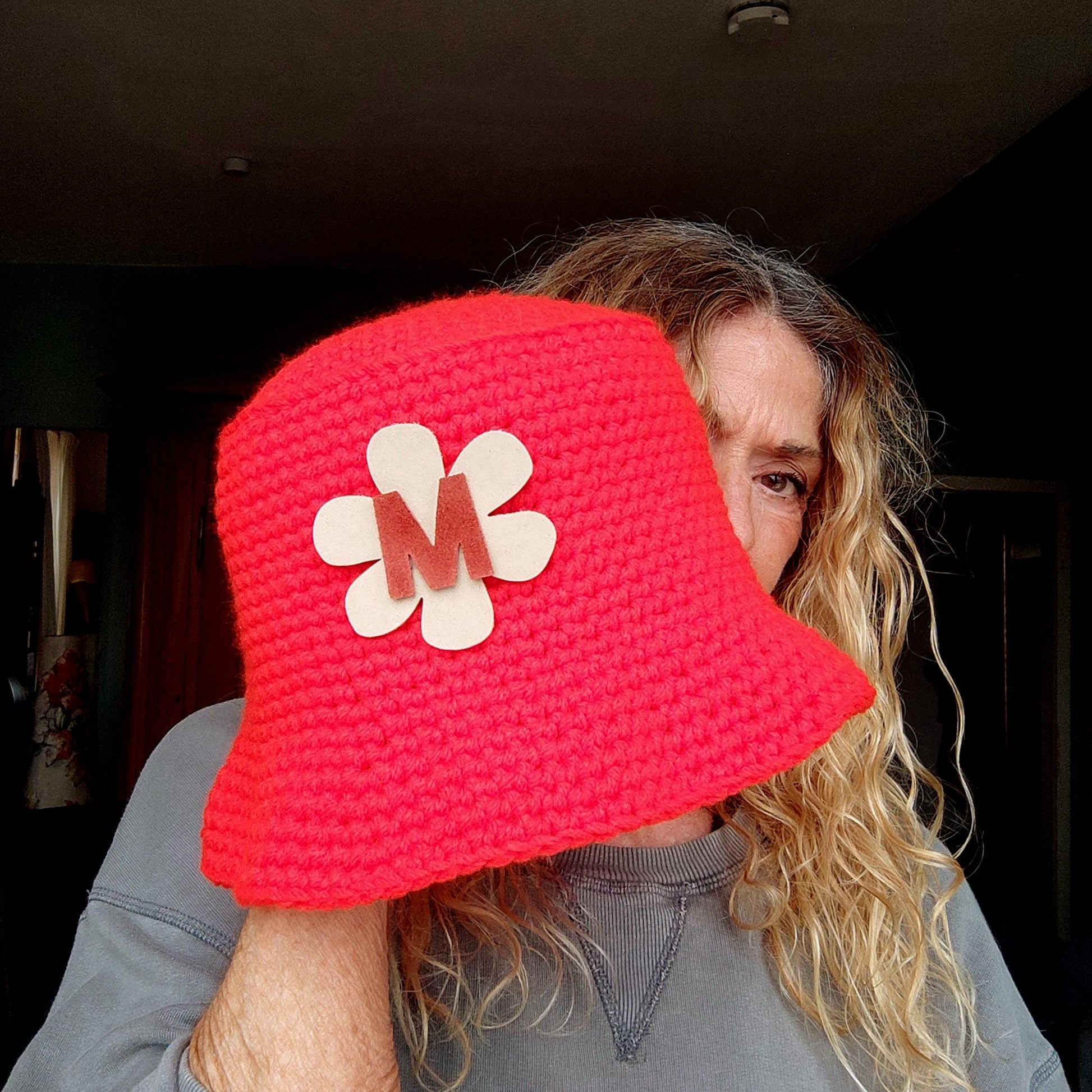 Personalised Chocolate Brown Crochet Bucket Hat with Leather Flower - StepToLight