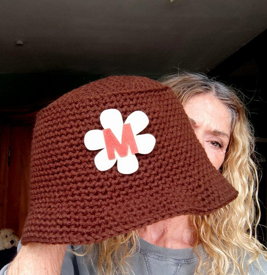 Personalised Chocolate Brown Crochet Bucket Hat with Leather Flower - StepToLight