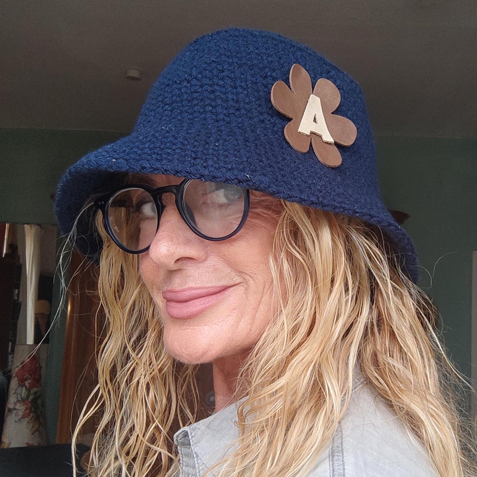 Personalised Dark Grey Crochet Bucket Hat with Leather Flower - StepToLight