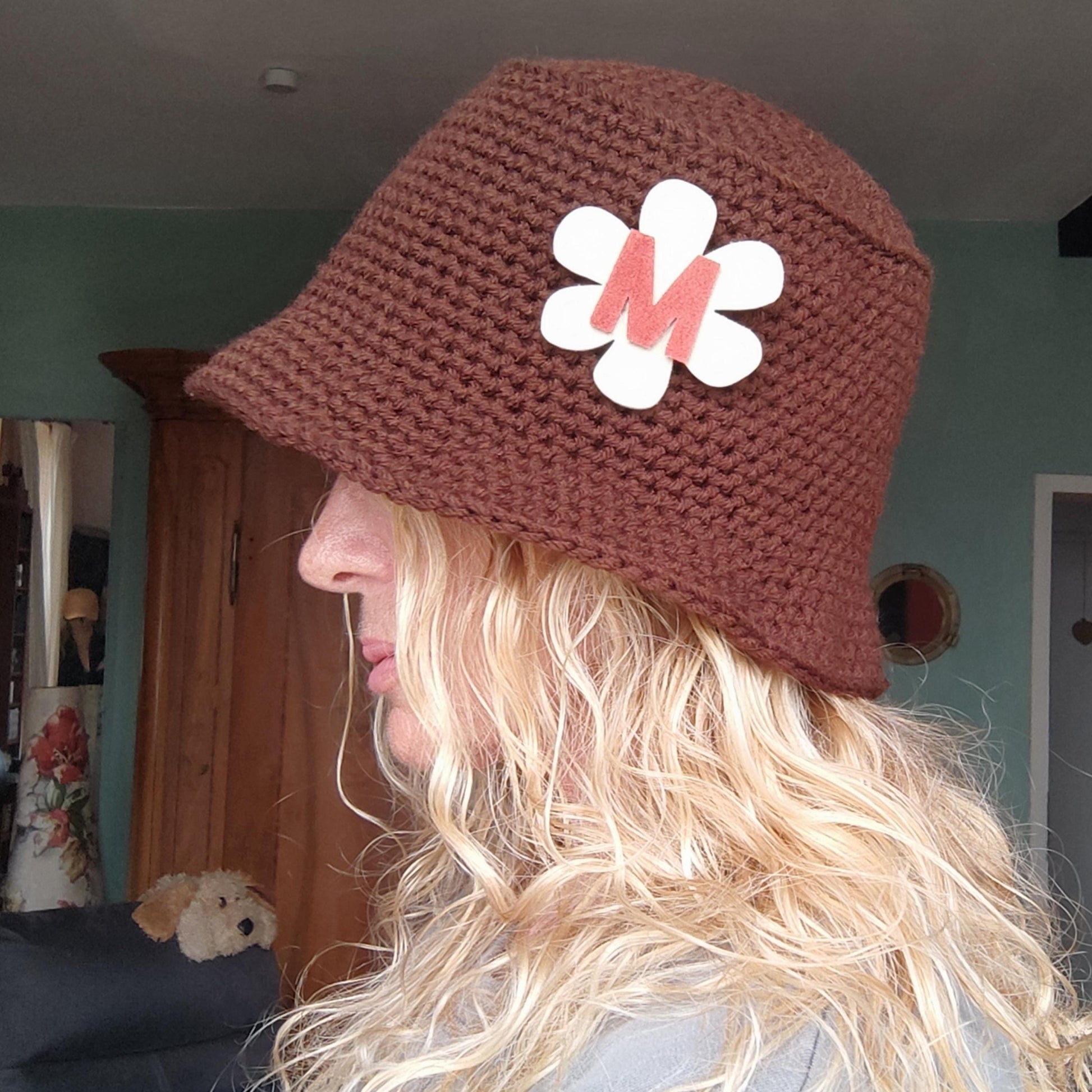 Personalised Dark Grey Crochet Bucket Hat with Leather Flower - StepToLight