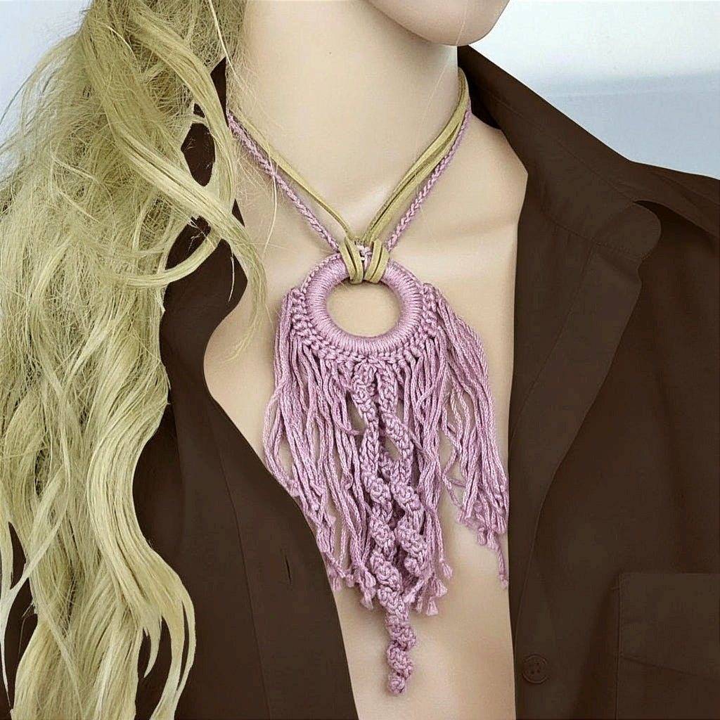 Pink Crochet Fringe Pendant Necklace - Handmade Boho Statement Jewelry - StepToLight