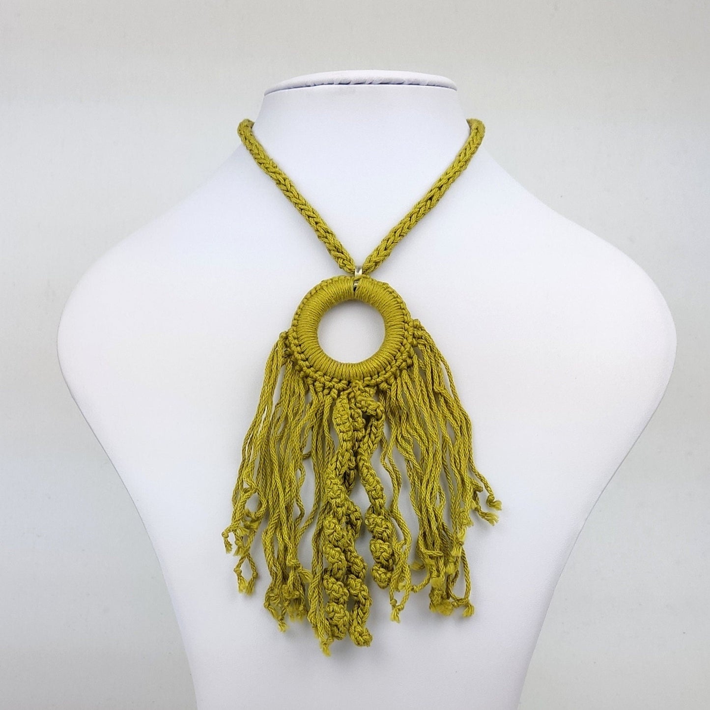 Pink Crochet Fringe Pendant Necklace - Handmade Boho Statement Jewelry - StepToLight