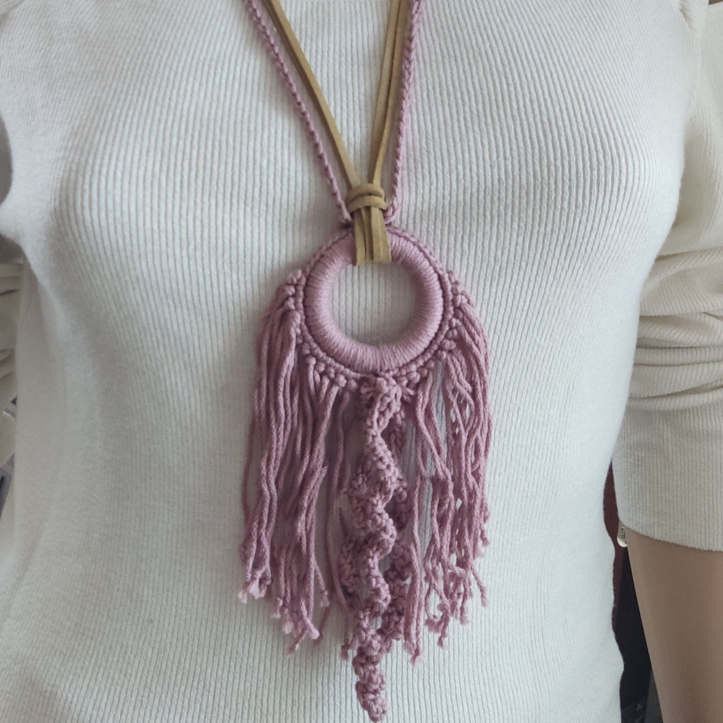Pink Crochet Fringe Pendant Necklace - Handmade Boho Statement Jewelry - StepToLight