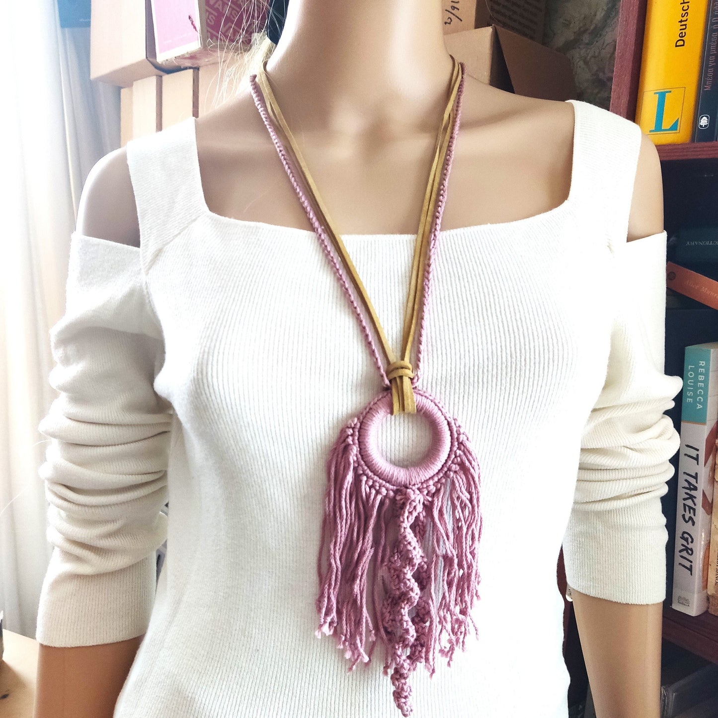 Pink Crochet Fringe Pendant Necklace - Handmade Boho Statement Jewelry - StepToLight