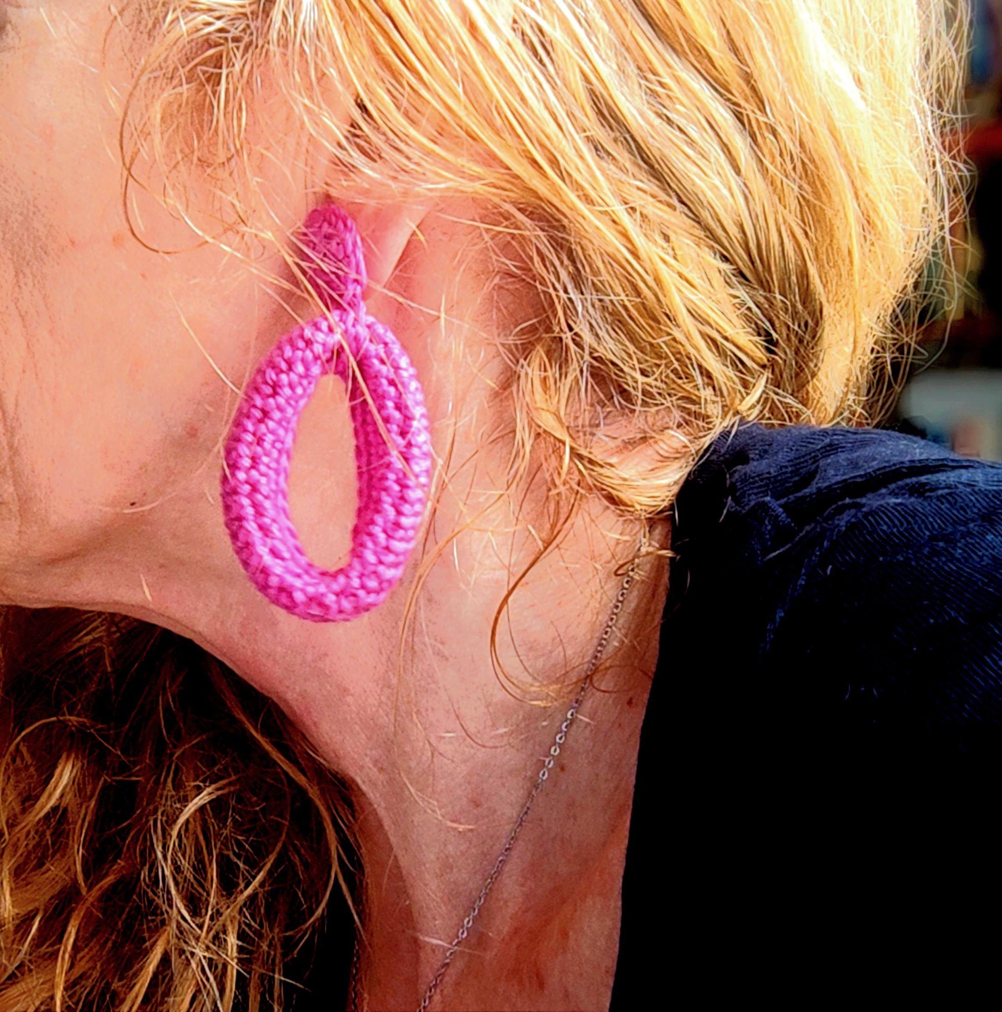 Pink Crochet Hoop Earrings - Lightweight Cotton Yarn with Gold - Plated Studs - StepToLight