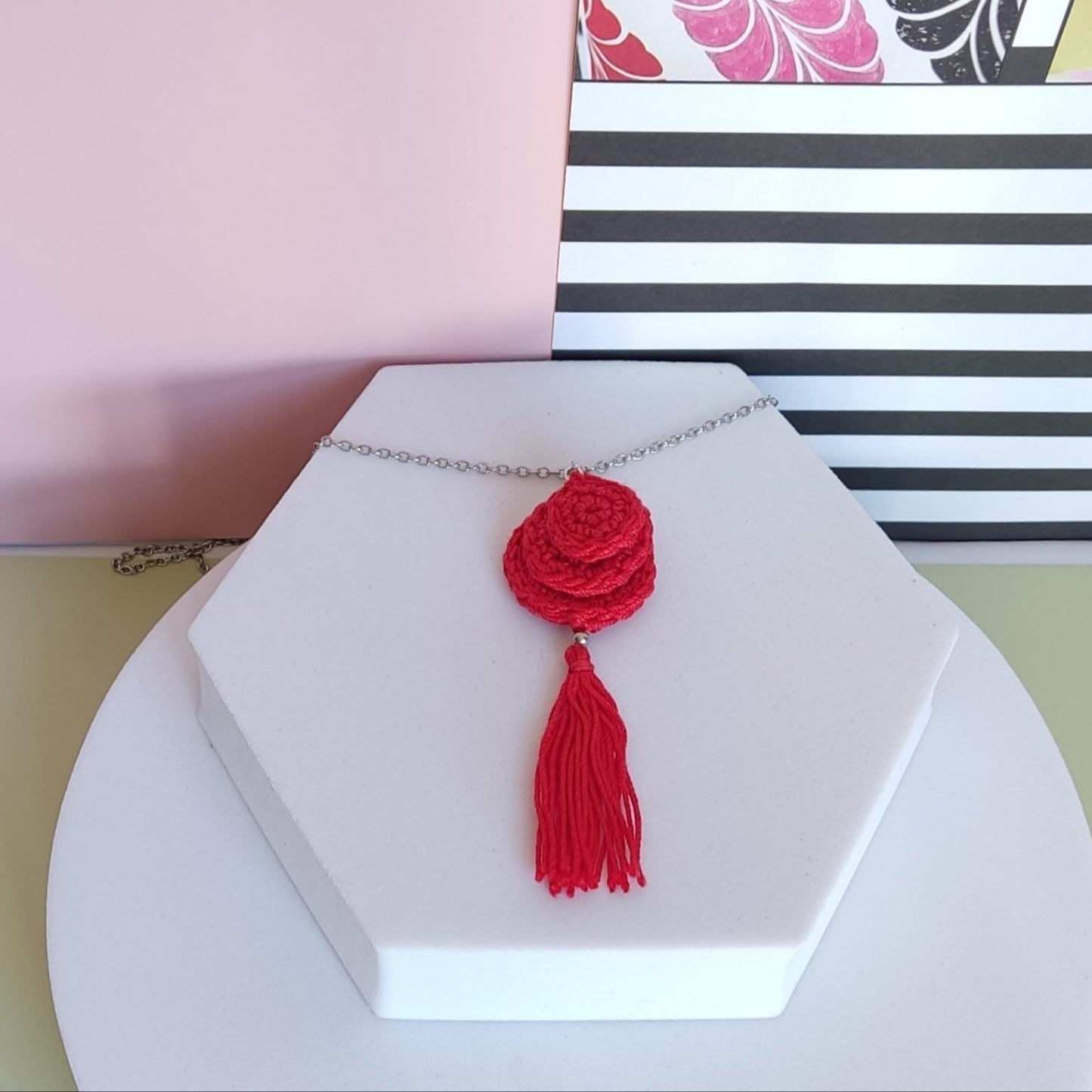 Pink Crochet Pendant Necklace - Handmade Boho Tassel Statement Jewelry - StepToLight