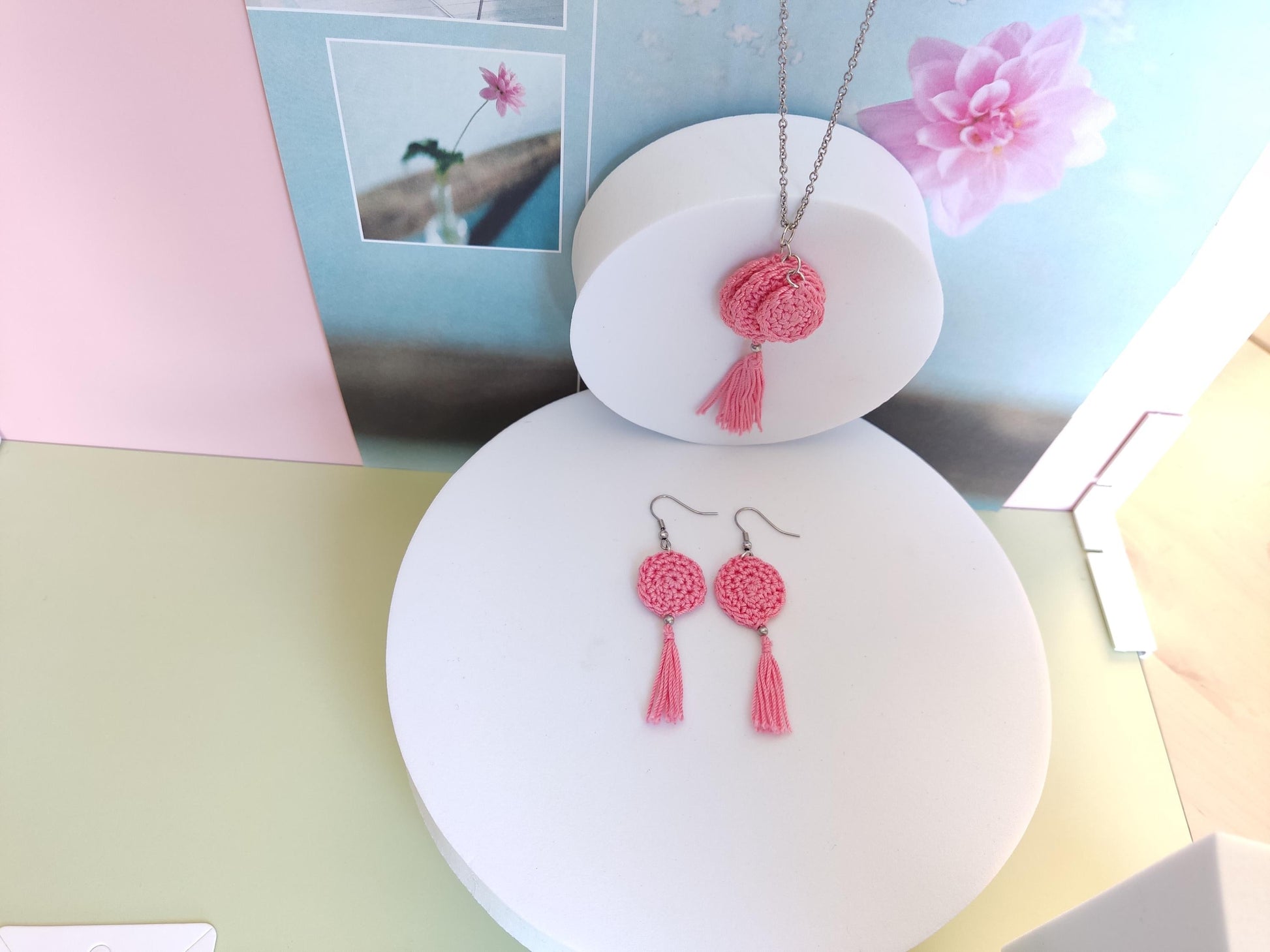 Pink Crochet Pendant Necklace - Handmade Boho Tassel Statement Jewelry - StepToLight